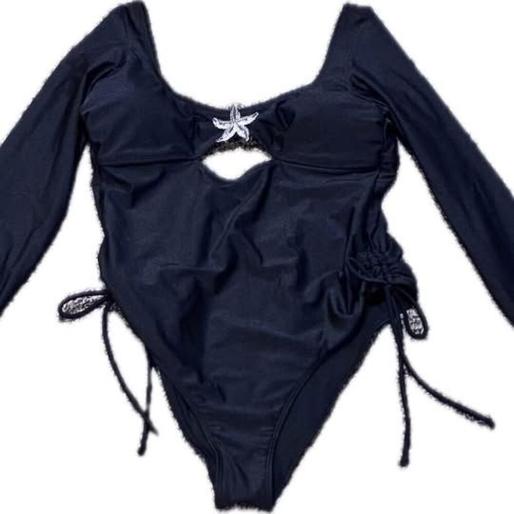No Boundaries Black Lng Sleeve One-Piece Swimsuit Starfish Detail Size XL(16-18)